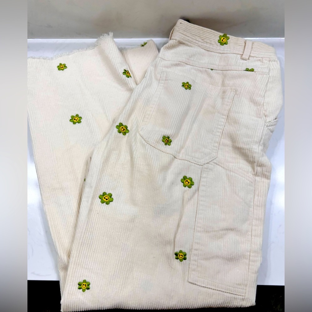 Forever 21 Cream corduroy cargo pants with happy flowers